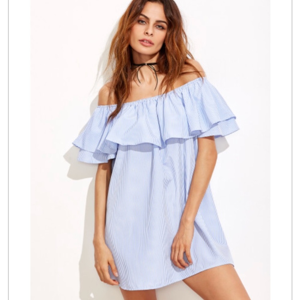 EUC Blue Striped Off-Shoulder Ruffle Mini Dress - Size S/M Nautical Summer Boho - Picture 3 of 9